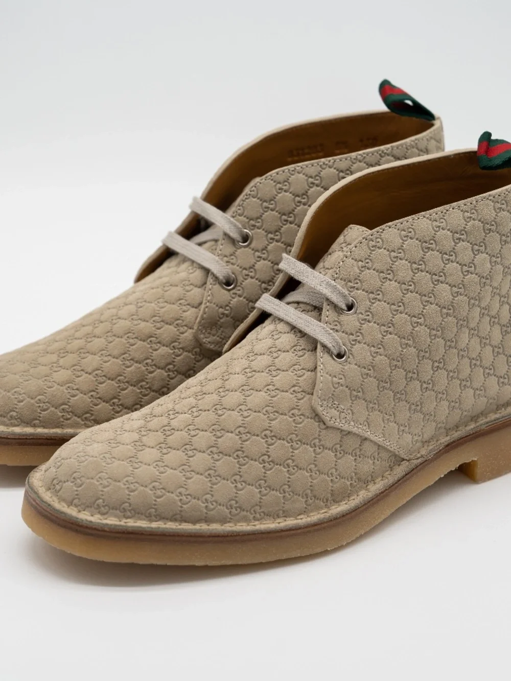 Gucci GG Suede Desert Boots Embossed Oatmeal Mens size 10G 10.5 US